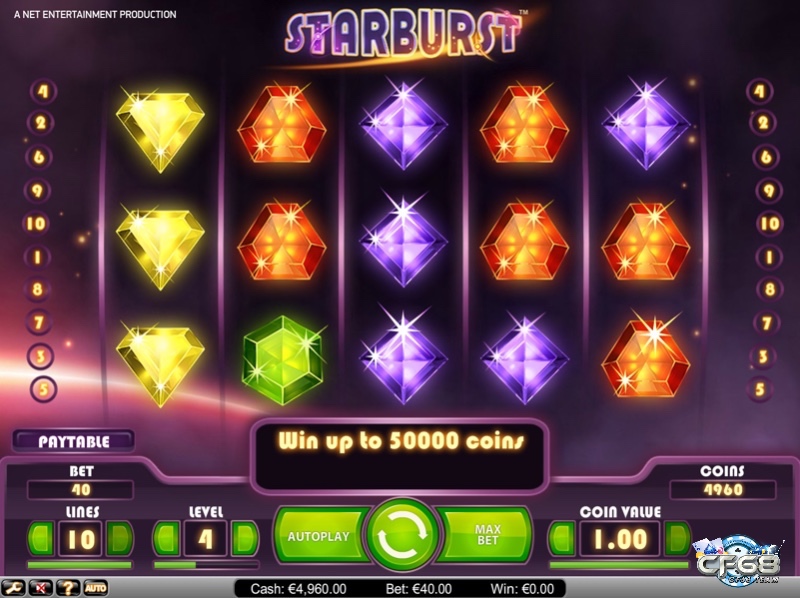 Game Starburst nổi bật với Wild mở rộng và tối đa 3 lượt Re-spin, cùng tính năng thắng hai chiều giúp tăng cơ hội trúng thưởng