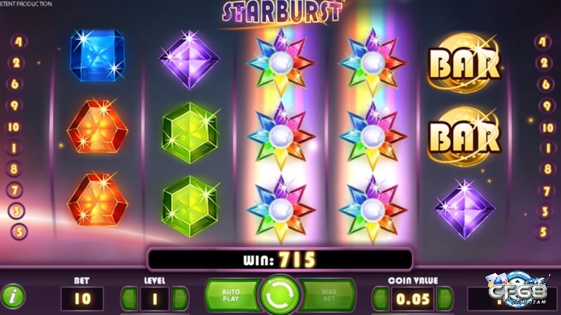 Mức cược trong Starburst được tính bằng Level nhân Coin Value và 10 đường thanh toán, giúp người chơi dễ kiểm soát chi tiêu