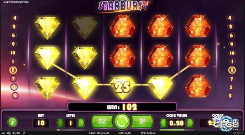 Starburst có 8 biểu tượng đá quý và cổ điển, cùng Wild đa sắc trên cuộn 2-4 thay thế và kích hoạt Re-spin