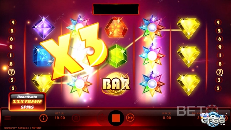 Wild Starburst mở rộng trên cuộn 2-4 và kích hoạt tối đa 3 lượt Re-spin liên tiếp khi xuất hiện thêm Wild mới